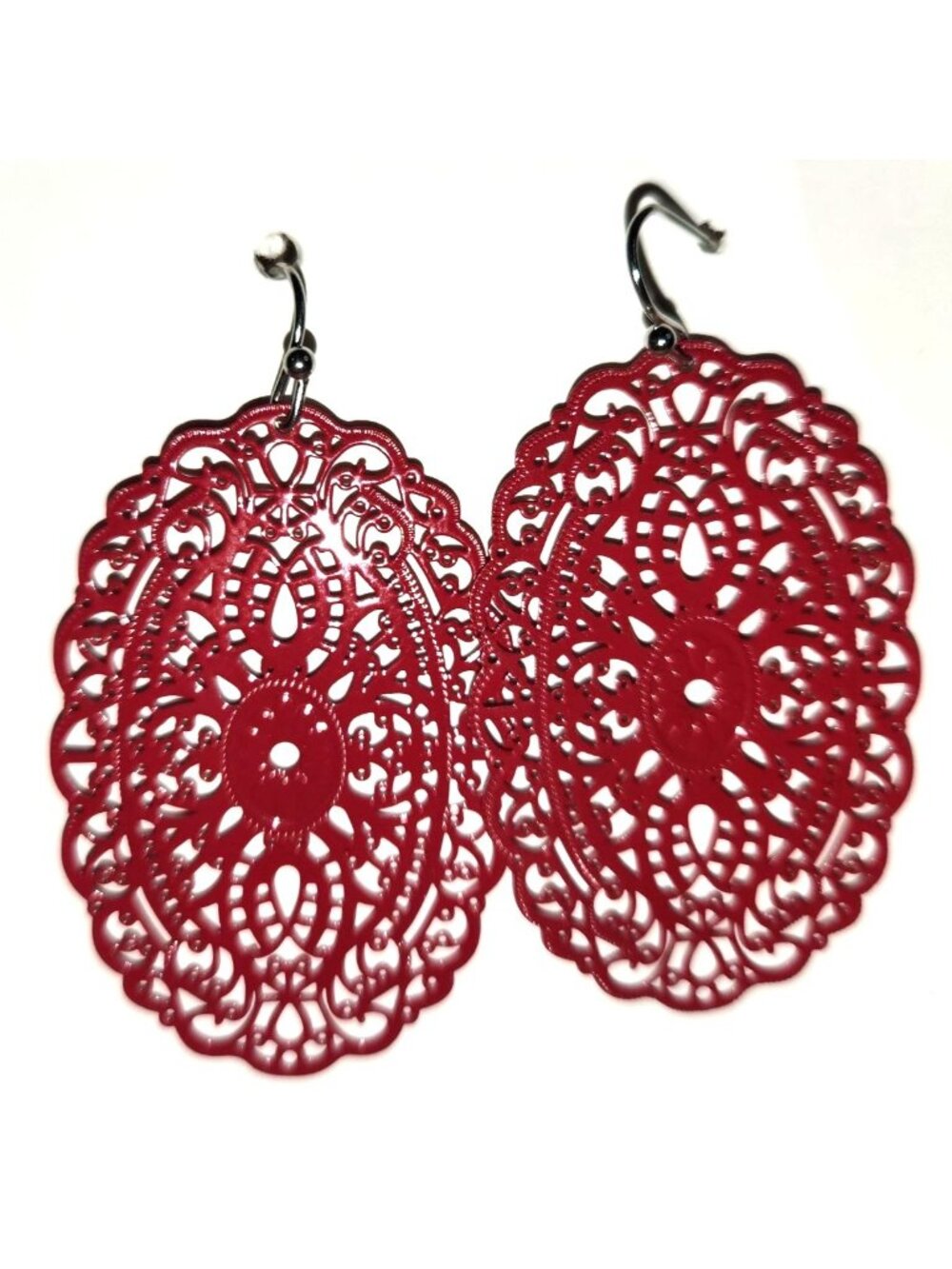 Dangle Earrings Red Filigree Fish Hook Backs statement womens jewelry festive